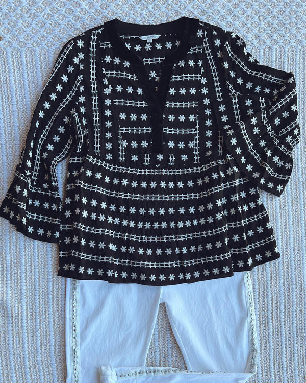 John Mark Black/White Embroidery Bell Sleeve Blouse