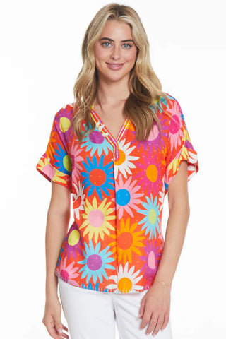 Tru Luxe Print Top with Multi-color Embroidery