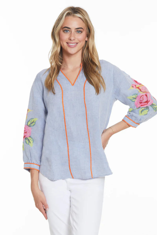 Tru Luxe Popover Top Embroidered Sleeve