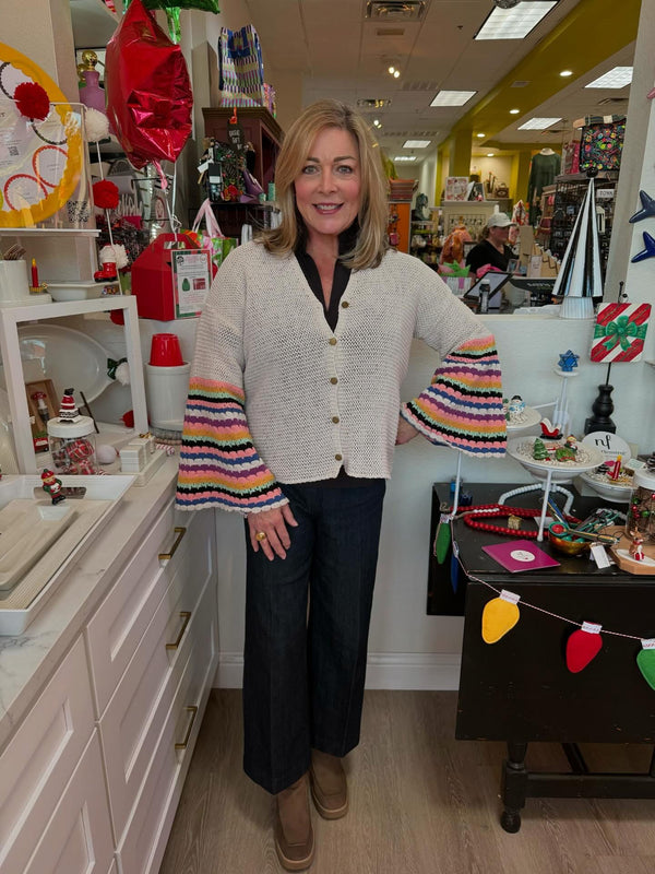 V Neck Knit Cardigan with Multi Stripe Sleeves