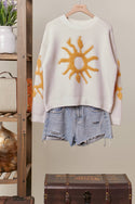 Cozy Knit Sweater with Bold Yellow Sun Patch