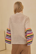 V Neck Knit Cardigan with Multi Stripe Sleeves