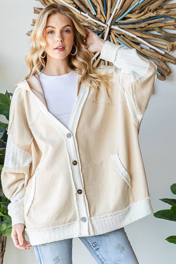 WASHED FABRIC MIXED CARDIGAN WITH HOODIE