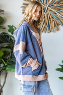 WASHED FABRIC MIXED CARDIGAN WITH HOODIE