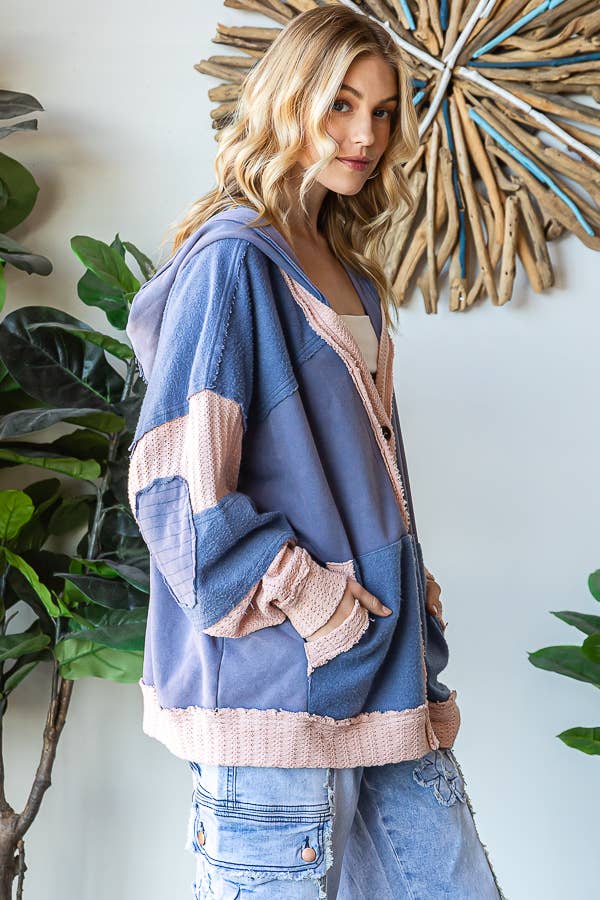 WASHED FABRIC MIXED CARDIGAN WITH HOODIE