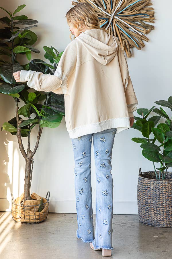 WASHED FABRIC MIXED CARDIGAN WITH HOODIE