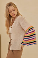 V Neck Knit Cardigan with Multi Stripe Sleeves