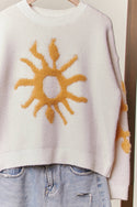 Cozy Knit Sweater with Bold Yellow Sun Patch