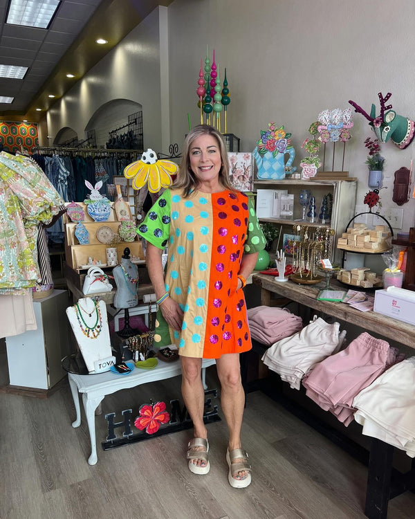 Queen of Sparkles Colorblock Polka Dot Dress