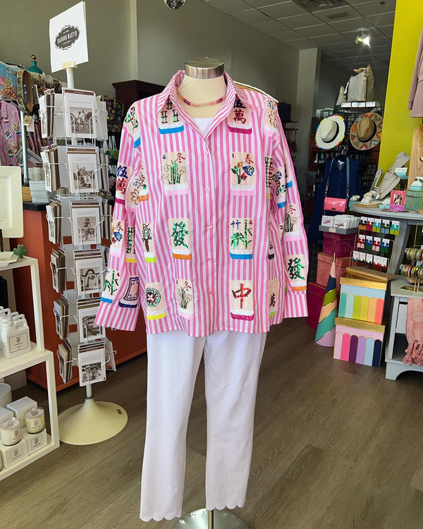 Queen of Sparkles Striped Mahjong Button Down