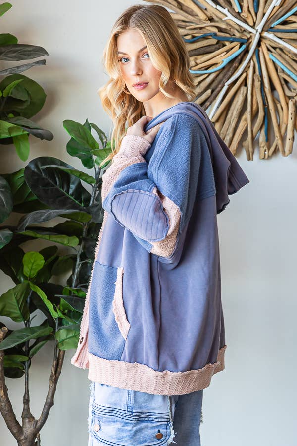 WASHED FABRIC MIXED CARDIGAN WITH HOODIE