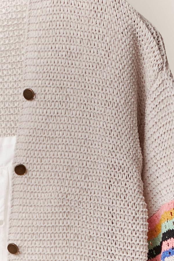 V Neck Knit Cardigan with Multi Stripe Sleeves