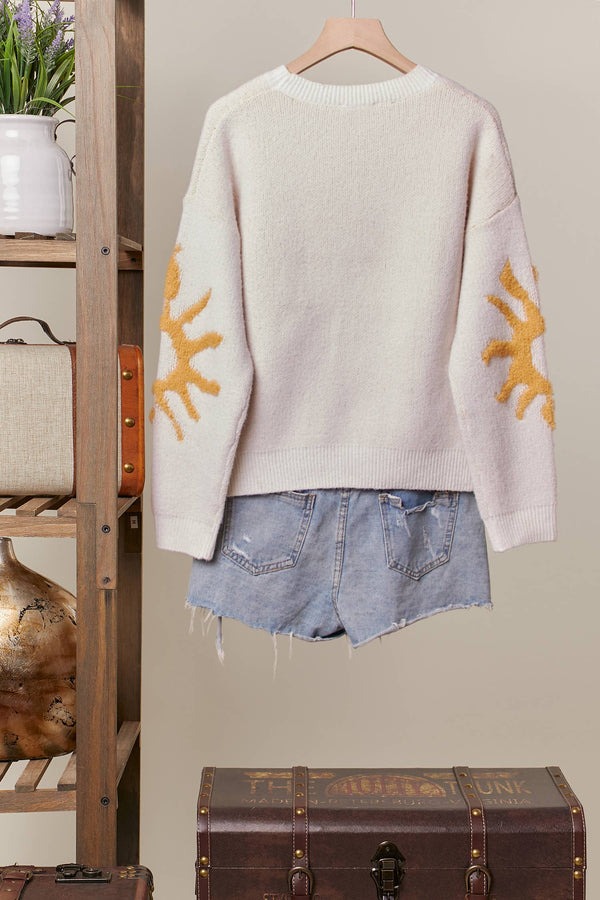 Cozy Knit Sweater with Bold Yellow Sun Patch