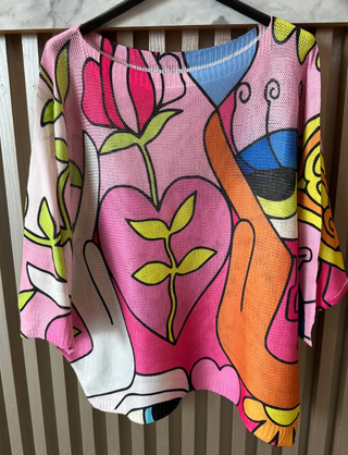 Pink Floral Round Neck Knit Printed Sweater