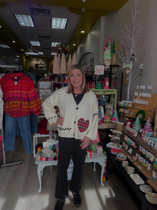 Stitch Heart Accent V Neck Knit Cardigan