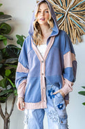 WASHED FABRIC MIXED CARDIGAN WITH HOODIE