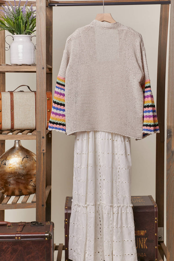 V Neck Knit Cardigan with Multi Stripe Sleeves