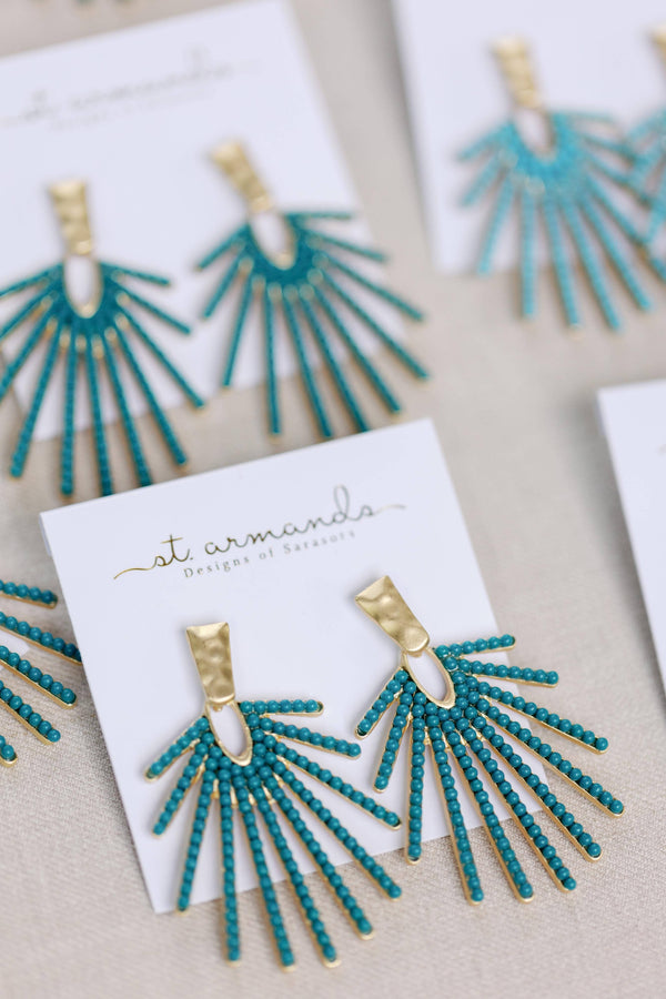 Dark Turquoise Sunburst Statement Drop Earrings