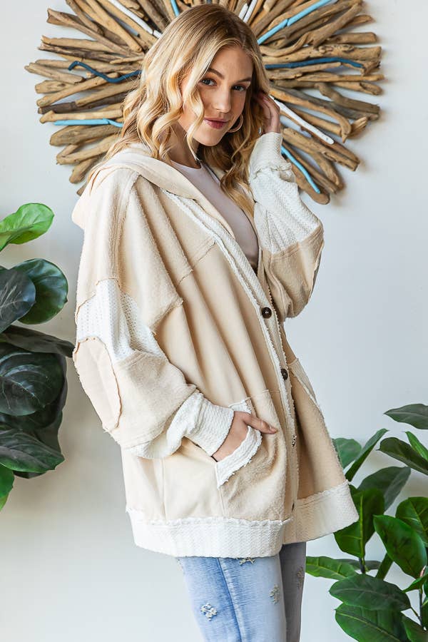 WASHED FABRIC MIXED CARDIGAN WITH HOODIE