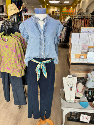Buy denim Kick Off Flutter Sleeve Blouse