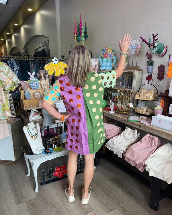 Queen of Sparkles Colorblock Polka Dot Dress