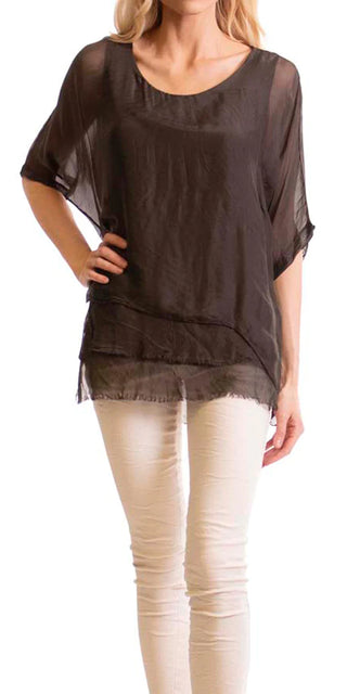 Buy chocolate Gigi Moda  Carmelina Silk Raw Edge Kaftan Short Sleeve