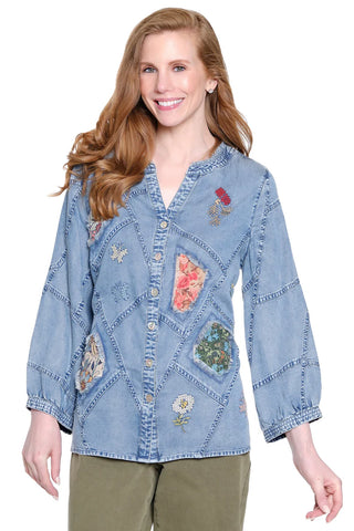 John Mark Doris Denim Patchwork Top