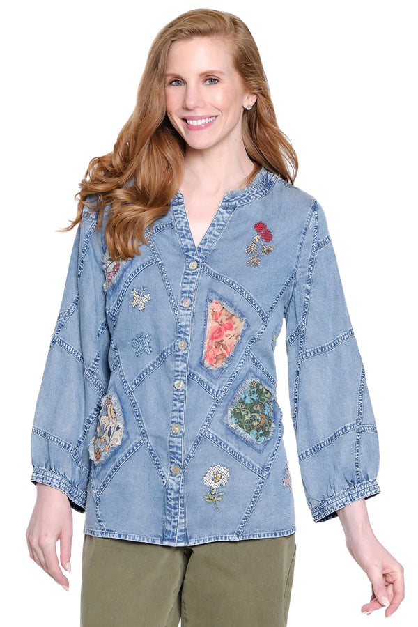 John Mark Doris Denim Patchwork Top