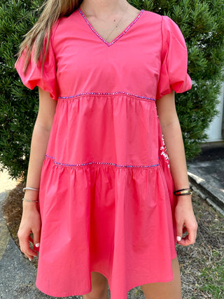 Queen of Sparkles Pink Firework Back Poof Sleeve Dress