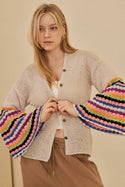 V Neck Knit Cardigan with Multi Stripe Sleeves