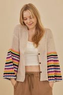 V Neck Knit Cardigan with Multi Stripe Sleeves