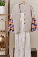 V Neck Knit Cardigan with Multi Stripe Sleeves