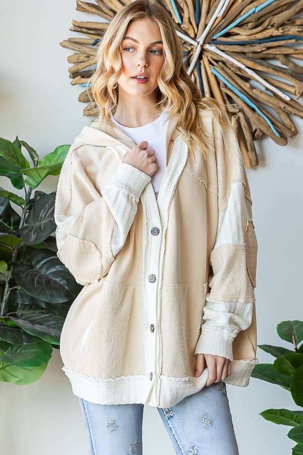 WASHED FABRIC MIXED CARDIGAN WITH HOODIE