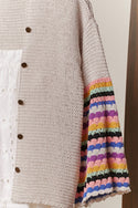 V Neck Knit Cardigan with Multi Stripe Sleeves