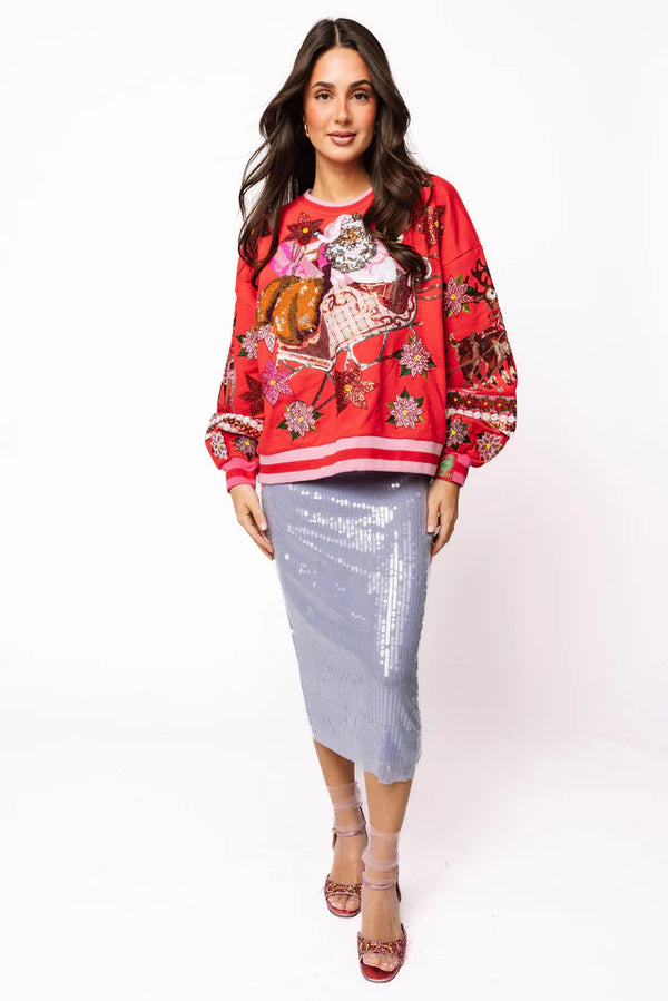 Queen of Sparkles Red & Pink Vintage Pointsettia Santa Sweatshirt