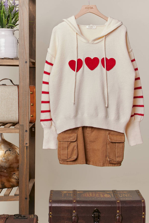 Heart Striped Sweater with Hoodie