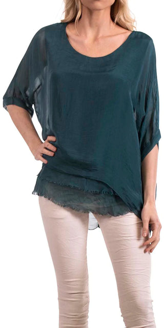Buy forest-green Gigi Moda  Carmelina Silk Raw Edge Kaftan Short Sleeve