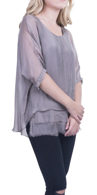 Buy taupe Gigi Moda  Carmelina Silk Raw Edge Kaftan Short Sleeve