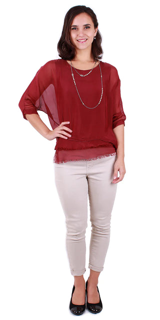 Buy burgundy Gigi Moda  Carmelina Silk Raw Edge Kaftan Short Sleeve