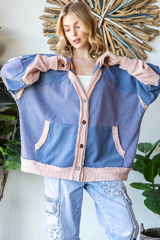WASHED FABRIC MIXED CARDIGAN WITH HOODIE