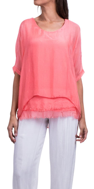 Buy coral Gigi Moda Silk Raw Edge Kaftan Short Sleeve